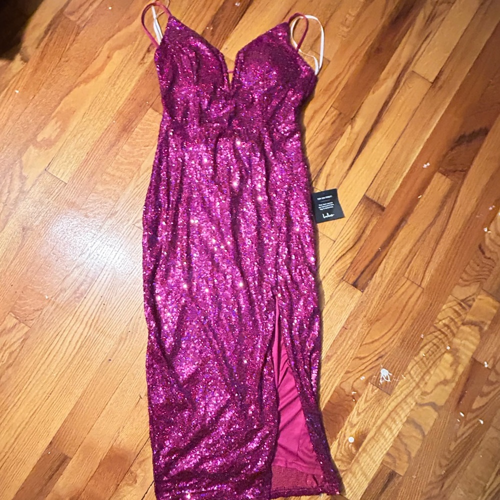 Lulus Sparkling Starlet Magenta Iridescent Sequin Lace-Up Midi Dress
